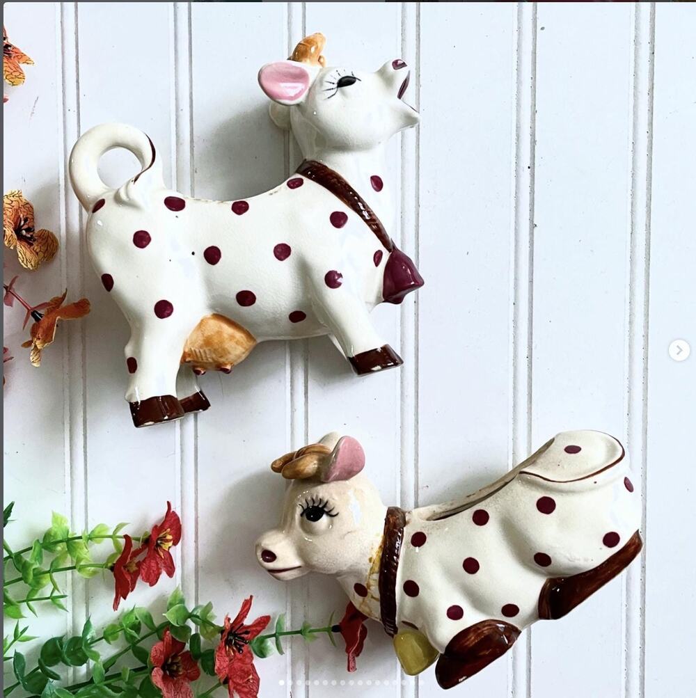 REPAIRED Vintage Well-Loved Anthropomorphic Cow Sugar Creamer Set Polka Dots